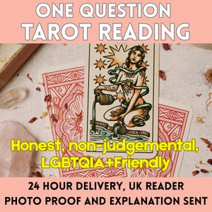 Könnte beinhalten: Bild eines Tarotkarten-Leseservices. Das Bild zeigt eine Tarotkarte mit einer Illustration einer Frau, die Wasser gießt, umgeben von Sternen. Der Text enthält "ONE QUESTION TAROT READING" und "Honest, non-judgemental, LGBTQIA+Friendly."