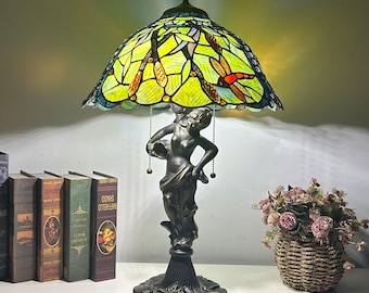 Glass Study Desk Lamp With Sculpted Resin Base Colored Stained Shade Vintage Reading Light In Peacock Dragonfly Baroque Leaves Variations