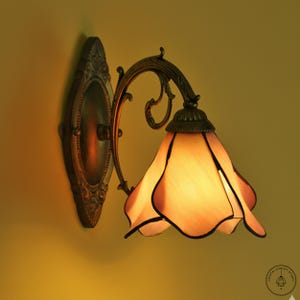 May include: A wall-mounted light fixture with a floral-shaped shade. The shade is a soft peach color with dark outlines. The fixture has a bronze finish with ornate detailing. The light is mounted on a wall with a yellow-gold hue.