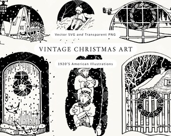 May include: Black and white vintage Christmas art illustrations. The image includes various winter scenes, such as a house, a person skiing, a wreath, a door, carolers, and a fence. Text reads "Vintage Christmas Art" and "1920's American Illustrations."