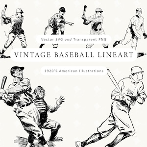 May include: Black and white vintage baseball line art illustrations. The image shows various baseball players in action, such as batting, pitching, and running. Text reads "Vintage Baseball Lineart" and "1920's American Illustrations."