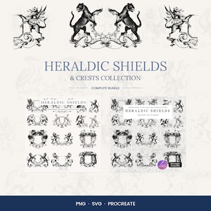 Peut inclure: Image en noir et blanc présentant une collection de blasons et de crêtes héraldiques. L'illustration comprend des lions, des tigres et des créatures ailées. Le texte indique "HERALDIC SHIELDS & CRESTS COLLECTION" et "COMPLETE BUNDLE".