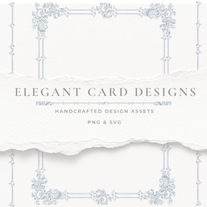 Puede incluir: Diseños de tarjetas elegantes con bordes y acentos florales azul claro ornamentados sobre un fondo blanco texturizado. El texto dice "ELEGANT CARD DESIGNS", "HANDCRAFTED DESIGN ASSETS" y "PNG & SVG".