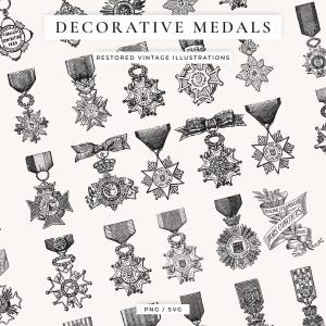 May include: A pattern of vintage decorative medals, each with detailed star and ribbon designs. The image includes the text "DECORATIVE MEDALS" and "RESTORED VINTAGE ILLUSTRATIONS". The medals are illustrated in black and white.