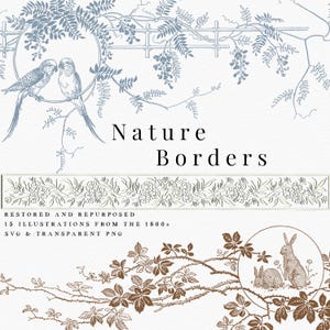 Op de afbeelding: Digitale illustraties met natuurthema's. De afbeelding toont gedetailleerde botanische ontwerpen, waaronder vogels, bloempatronen en konijnen. De tekst "Nature Borders" is prominent aanwezig, met extra tekst die aangeeft dat de illustraties zijn gerestaureerd en hergebruikt.