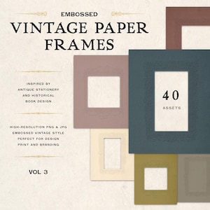 May include: An image showcasing a collection of embossed vintage paper frames in various colors, including brown, blue, and cream. The text reads "Vintage Paper Frames" and "40 Assets." The design is inspired by antique stationery and historical book design, perfect for print and branding.