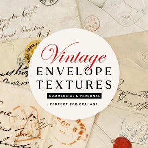 Puede incluir: Una colección de sobres antiguos con escritura a mano y sellos postales. La imagen presenta un gráfico circular con el texto "Vintage ENVELOPE TEXTURES" y las palabras "COMMERCIAL & PERSONAL PERFECT FOR COLLAGE".