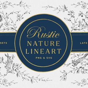 May include: Digital art asset featuring a navy blue and gold circular design with the words "Rustic Nature Lineart". The background is a white floral pattern with black line drawings of animals and plants. Includes 73 assets.