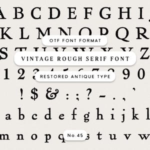 May include: A black and white font chart displaying uppercase and lowercase letters, numbers, and symbols. The text includes "OTF FONT FORMAT", "VINTAGE ROUGH SERIF FONT", and "RESTORED ANTIQUE TYPE". The number "45" is also visible.