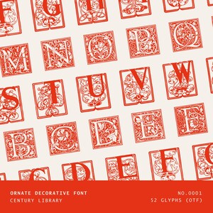 May include: Red ornate decorative font letters on a cream background. Each letter is framed and features intricate floral and scroll designs. The text "Ornate Decorative Font" and "Century Library" are at the bottom, along with "No.0001" and "52 Glyphs (OTF)".