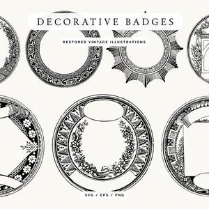 May include: A collection of decorative badges with intricate black and white vintage illustrations. The badges feature various circular designs with floral, geometric, and ornamental patterns. Text at the top reads "DECORATIVE BADGES" and "RESTORED VINTAGE ILLUSTRATIONS".