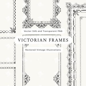 May include: A selection of black and white Victorian frames with intricate designs. The image features rectangular and square frames with floral and geometric patterns. Text reads "Victorian Frames" and "Restored Vintage Illustrations."
