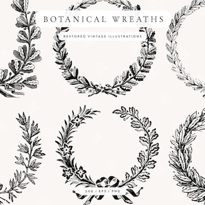 Pode incluir: Ilustrações de coroas botânicas em preto e branco. A imagem apresenta várias coroas circulares com vários desenhos de folhas e flores. O texto na parte superior diz "BOTANICAL WREATHS" e "RESTORED VINTAGE ILLUSTRATIONS".