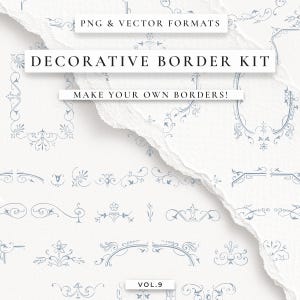 Op de afbeelding: Een verzameling decoratieve randelementen in lichtblauw op een witte achtergrond. De afbeelding bevat verschillende bloemen- en ornamentale ontwerpen, met tekst zoals "PNG & VECTOR FORMATS", "DECORATIVE BORDER KIT", "MAKE YOUR OWN BORDERS!" en "VOL.9".