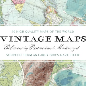 Pode incluir: Uma colagem de mapas-múndi vintage em várias cores, incluindo azul, verde e rosa. Os mapas são sobrepostos com um retângulo branco contendo o texto "VINTAGE MAPS" e outro texto descritivo. Os mapas são provenientes de um gazetteer do início do século XX.