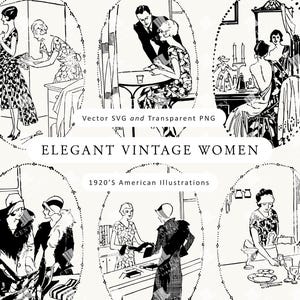Puede incluir: Ilustraciones en blanco y negro de mujeres vintage elegantes en varios escenarios. Las imágenes, enmarcadas en óvalos, representan escenas de los años 1920, con mujeres con vestidos. El texto "ELEGANT VINTAGE WOMEN" está presente.