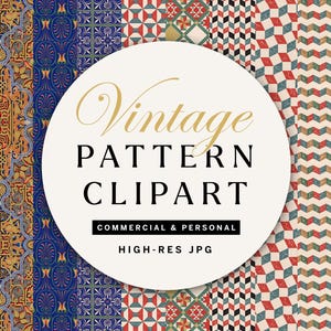 May include: A collection of vintage pattern clipart with various designs. The patterns include ornate gold, blue, and orange motifs, geometric shapes, and floral elements. The image includes the text "Vintage Pattern Clipart" and "Commercial & Personal".