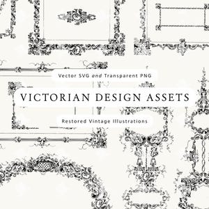 Puede incluir: Un conjunto de elementos de diseño victoriano en blanco y negro, que incluye marcos ornamentados, bordes y elementos decorativos. La imagen incluye el texto "VICTORIAN DESIGN ASSETS" y "Restored Vintage Illustrations."