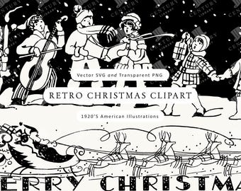 May include: Black and white retro Christmas clipart featuring illustrations of children playing instruments, carrying lanterns, and Santa Claus with reindeer. The text reads "Retro Christmas Clipart" and "Merry Christmas".