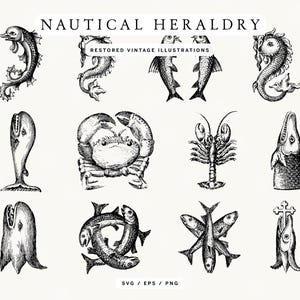 Op de afbeelding: Een verzameling zwart-wit nautische illustraties met verschillende zeedieren en heraldische ontwerpen. De afbeelding bevat vissen, een krab, een kreeft en ander zeeleven, met de tekst "NAUTICAL HERALDRY" en "RESTORED VINTAGE ILLUSTRATIONS".