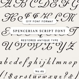 Puede incluir: Una muestra de fuente de escritura negra con letras mayúsculas y minúsculas, números y símbolos. El texto incluye "OTF FONT FORMAT", "SPENCERIAN SCRIPT FONT" y "RESTORED ANTIQUE TYPE". La fuente está etiquetada como "No. 46".