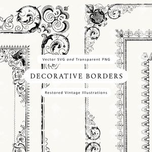 Puede incluir: Bordes decorativos en blanco y negro con diseños ornamentados. La imagen incluye elementos de esquina y borde con patrones florales y de volutas. El texto dice "Decorative Borders" e "Ilustraciones Vintage Restauradas."