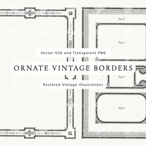 May include: Ornate vintage borders in black and white, featuring intricate designs and decorative elements. The image includes various frame styles, with text that reads "Vector SVG and Transparent PNG" and "ORNATE VINTAGE BORDERS".