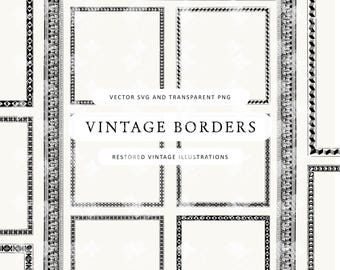 May include: A collection of vintage border designs in black and white. The image features various rectangular and vertical border patterns with intricate details. Text includes "Vintage Borders" and "Restored Vintage Illustrations."