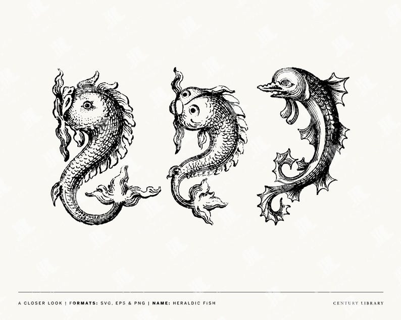 Vintage Nautical Heraldry Illustrations: Fish, Crab, Lobster Line Art ...