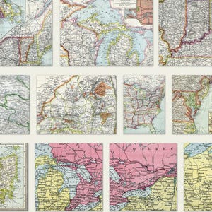 May include: A collection of vintage map prints, featuring detailed cartography in various colors. The maps depict regions with coastlines, rivers, and roads. The prints are arranged in a grid pattern, showcasing a variety of geographical areas.