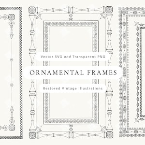 Puede incluir: Ilustraciones en blanco y negro de marcos ornamentales. La imagen presenta varios diseños de marcos vintage con detalles intrincados, incluyendo patrones florales y geométricos. El texto en la imagen dice "Ornamental Frames" y "Restored Vintage Illustrations."