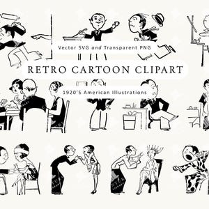 May include: Black and white retro cartoon clipart illustrations from the 1920s. The images depict various scenes, including people at tables, cooking, and interacting. The text "Vector SVG and Transparent PNG" and "Retro Cartoon Clipart" are visible.