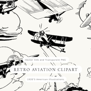 May include: Black and white retro aviation clipart featuring various vintage airplanes in flight. The image includes illustrations of biplanes and other aircraft, with text that reads "Retro Aviation Clipart" and "1920's American Illustrations."
