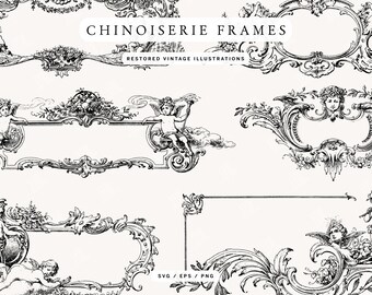 Clipart di cornice in stile Chinoiserie: elementi di design vintage decorati (SVG, PNG)