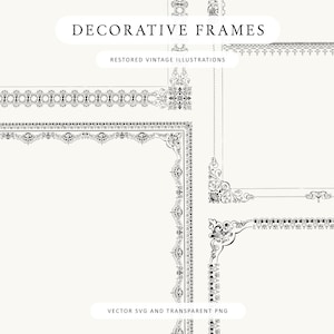 Może przedstawiać: Czarno-białe dekoracyjne ramki z bogatymi, zabytkowymi wzorami. Obraz zawiera różne style ramek, w tym obramowania i elementy narożne, z tekstem "DECORATIVE FRAMES" i "RESTORED VINTAGE ILLUSTRATIONS".