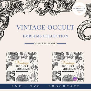 Puede incluir: Una colección de arte digital titulada "Vintage Occult Emblems". La imagen presenta un fondo beige claro con ilustraciones en blanco y negro de dragones, manos y otros símbolos ocultos. El texto incluye "Vintage Occult Emblems Collection" e información del tipo de archivo.