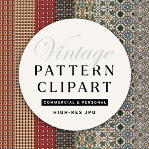 Puede incluir: Una colección de imágenes prediseñadas de patrones vintage con varios diseños, incluidos patrones geométricos y florales en tonos de rojo, marrón, verde y azul. La imagen incluye el texto "Vintage Pattern Clipart" y "Commercial & Personal".