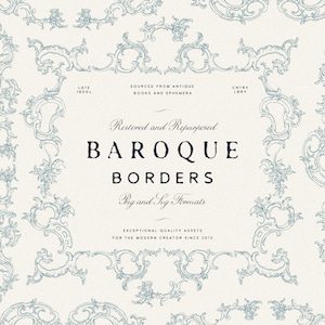 Könnte beinhalten: Cremefarbener Hintergrund mit tealfarbenen Barockbordüren. Das Bild zeigt den Text "Restaurierte und wiederverwendete Barockbordüren" in einer Vintage-Schriftart. Zusätzlicher Text lautet "Aus antiken Büchern und Ephemera."