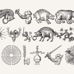 Set of mythological creature engravings featuring dragons, boars, bears, and celestial emblems from ancient occult art.