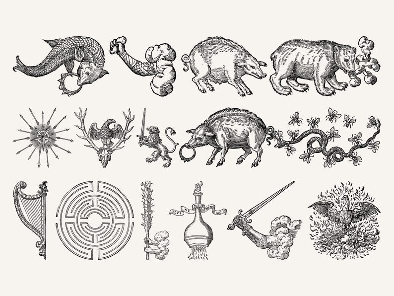 Set of mythological creature engravings featuring dragons, boars, bears, and celestial emblems from ancient occult art.
