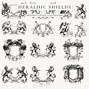 May include: A selection of black and white heraldic shield illustrations. The designs showcase various animals, such as lions, eagles, and mythical creatures, within elaborate frames. The text "HERALDIC SHIELDS" and "RESTORED VINTAGE ILLUSTRATIONS" are displayed at the top.