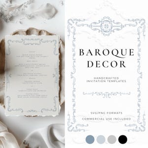 May include: A light gray menu card with a decorative border and a torn edge, resting on a textured plate. The menu lists a multi-course meal. The image also features a white invitation with the text "BAROQUE DECOR" and "HANDCRAFTED INVITATION TEMPLATES".