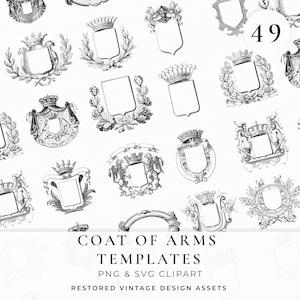 Könnte beinhalten: Eine Sammlung von schwarz-weißen Wappen-Vorlagen mit Kronen, Schilden und dekorativen Elementen. Der Text "COAT OF ARMS TEMPLATES PNG & SVG CLIPART RESTORED VINTAGE DESIGN ASSETS" ist enthalten. Die Zahl "49" befindet sich in einem weißen Kreis.