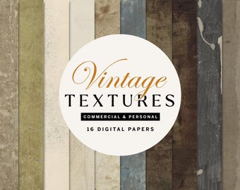 May include: A collection of 16 digital papers with vintage textures. The image features a variety of vertical panels with different textures and colors, including beige, brown, and gray. A white circle in the center displays the text "Vintage TEXTURES" and "COMMERCIAL & PERSONAL".