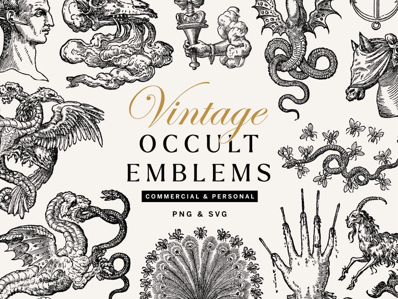 Cover design for “Vintage Occult Emblems,” a collection of mystical and alchemical illustrations featuring dragons, skulls, and celestial symbols.