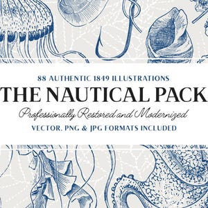 Op de afbeelding: Een blauw-witte illustratie met nautische elementen, waaronder een kwal, een zeeschelp en een octopus. De tekst luidt "THE NAUTICAL PACK" met "88 AUTHENTIC 1849 ILLUSTRATIONS" en "Professionally Restored and Modernized".