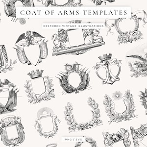 Può includere: Modelli di stemmi in bianco e nero con vari disegni, tra cui scudi, corone e animali araldici. Il testo "COAT OF ARMS TEMPLATES" e "RESTORED VINTAGE ILLUSTRATIONS" sono visualizzati in alto. L'immagine include anche il testo "PNG / SVG".