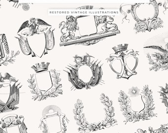 Vintage Coat of Arms Illustration Pack: Heraldic Shield Clipart (PNG & SVG Digital Download
