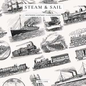 Peut inclure: Illustrations vintage en noir et blanc de navires à vapeur, de voiliers et de trains. L'image comprend le texte "STEAM & SAIL" et "RESTORED VINTAGE ILLUSTRATIONS". Les illustrations sont dans un motif répétitif.