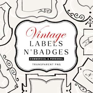 Puede incluir: Etiquetas y distintivos vintage en blanco y negro de varias formas. La etiqueta central presenta la palabra "Vintage" en escritura roja, con "LABELS N'BADGES" debajo. La imagen también incluye el texto "COMMERCIAL & PERSONAL" y "TRANSPARENT PNG".